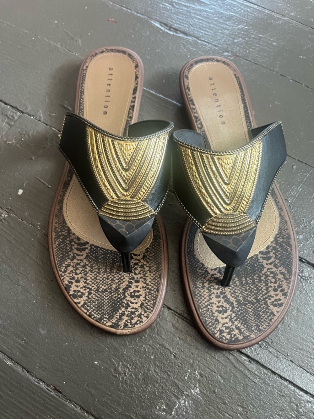 Attention Women's Black and Gold Embellished Thong Sandals